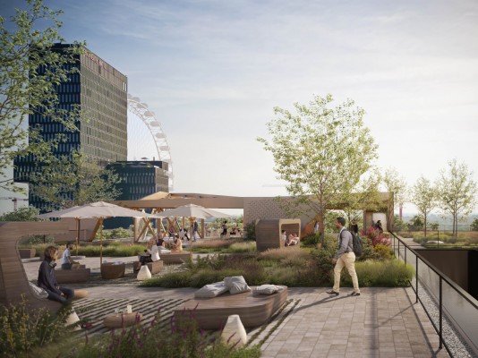 Dachterrasse mit Blick zum Werksviertel (Rendering © bloomimages)